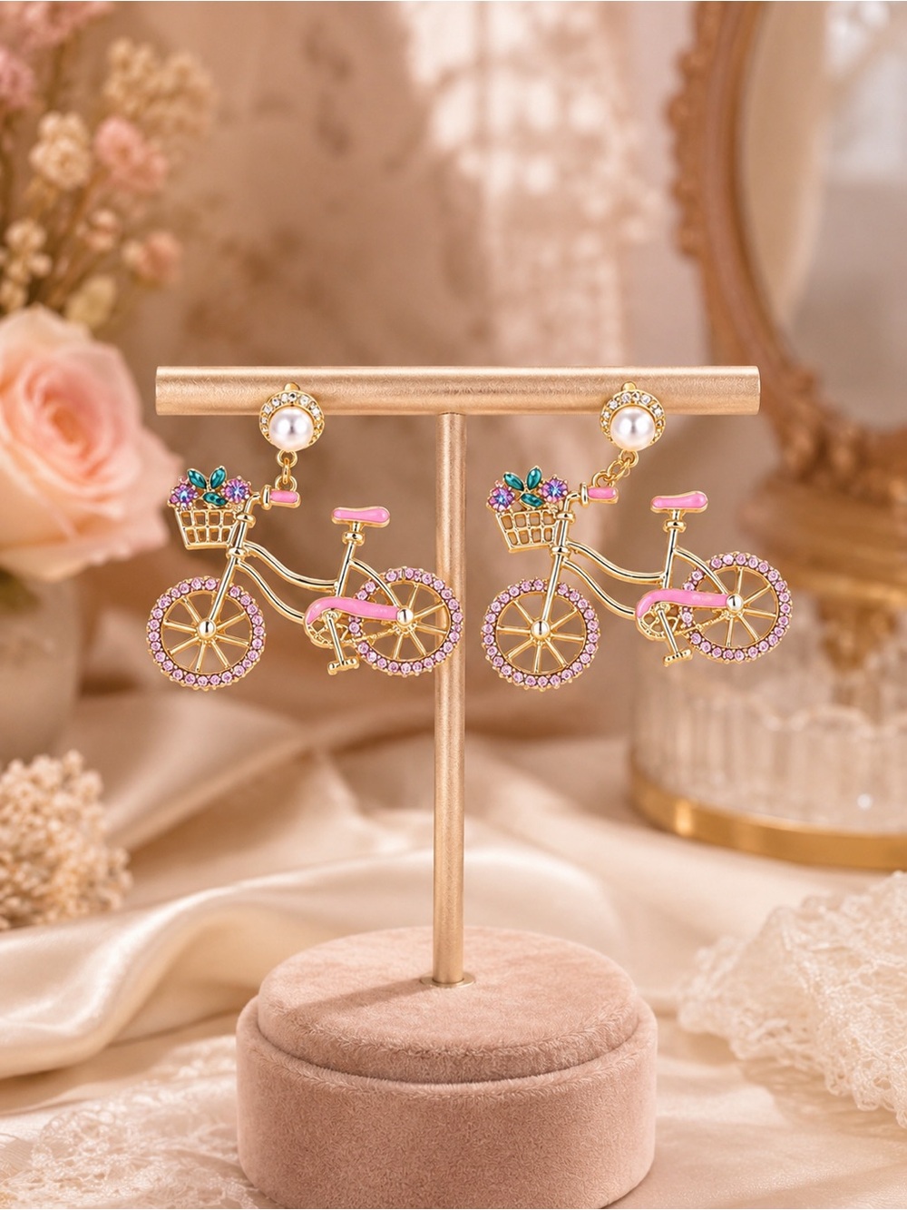 Eleanor ShuMark Pink Crystal Bicycle Earrings NWT